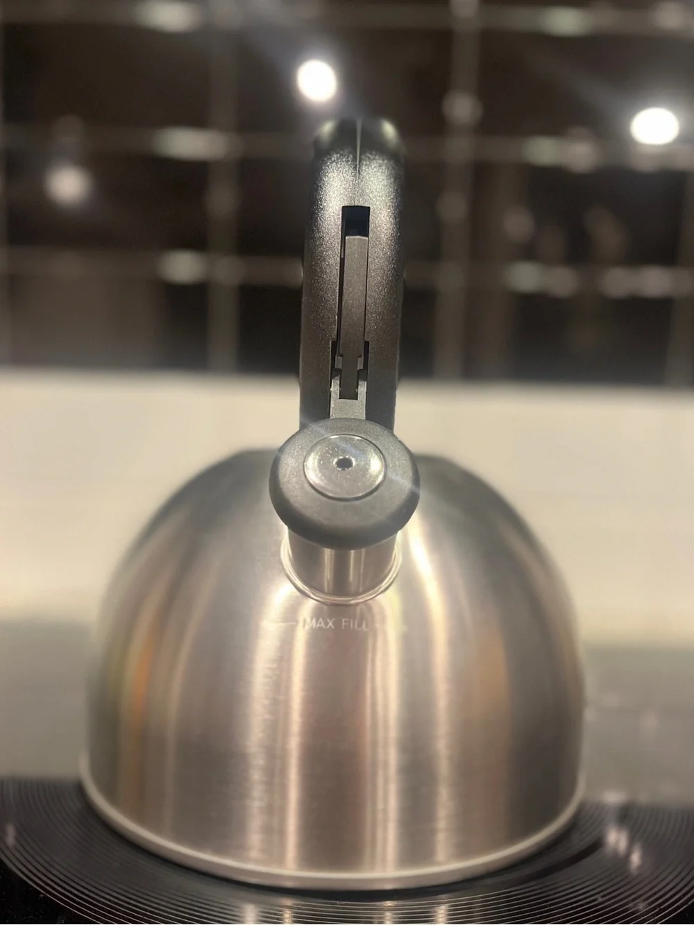 Copco Brushed Stainless Steel Whistling Kettle with Black Handle NWT